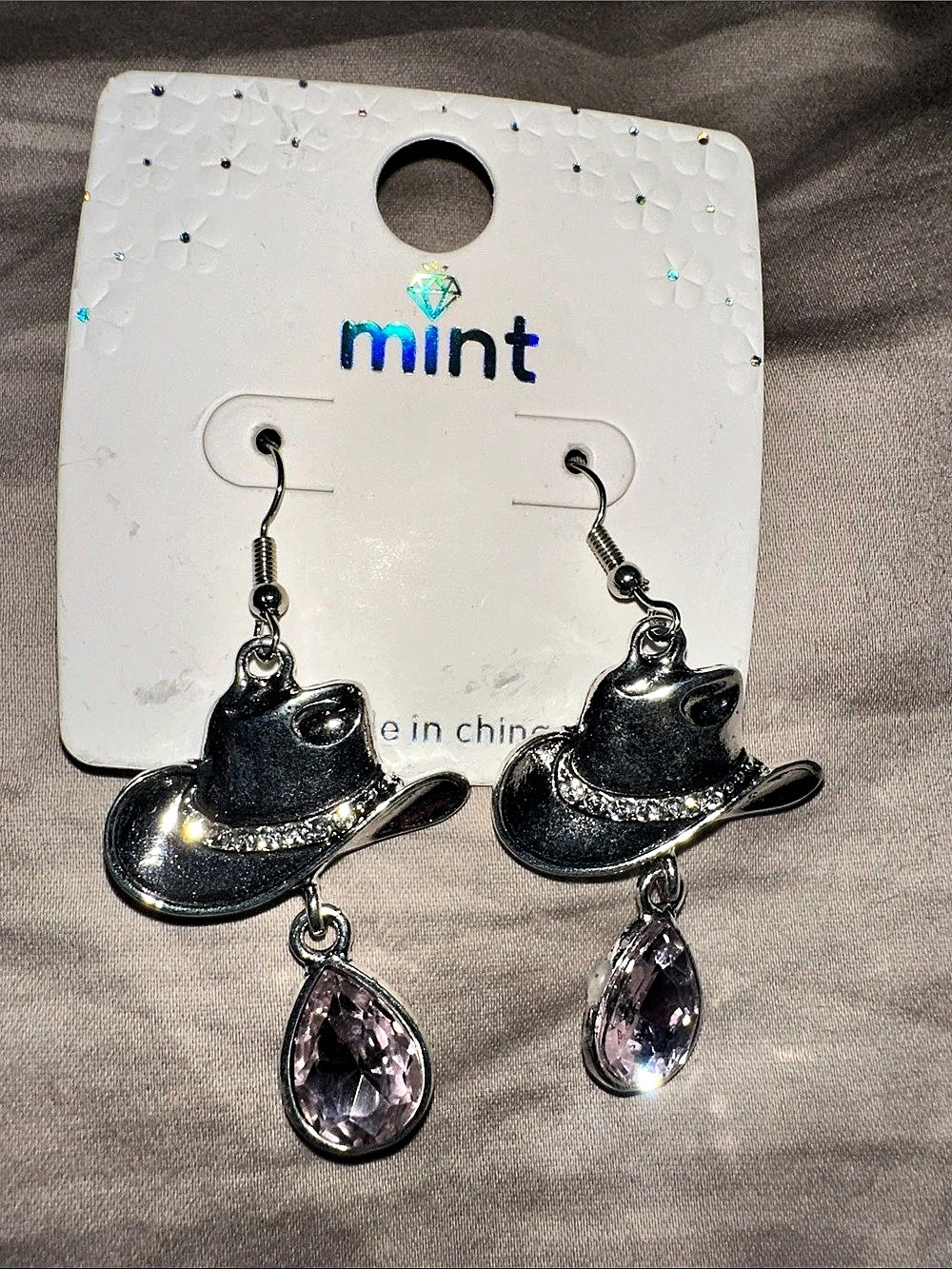Mint Cowboy Hat Teardrop Dangle Earrings Silver & Pink
